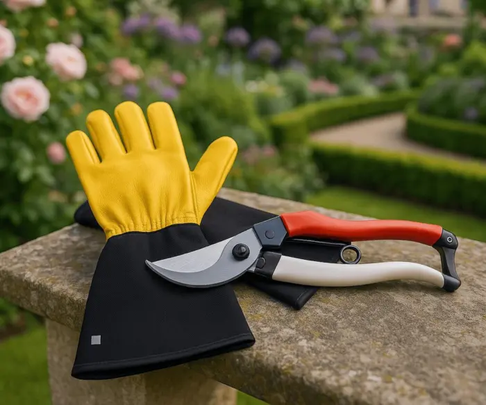 секатор и садовые перчатки