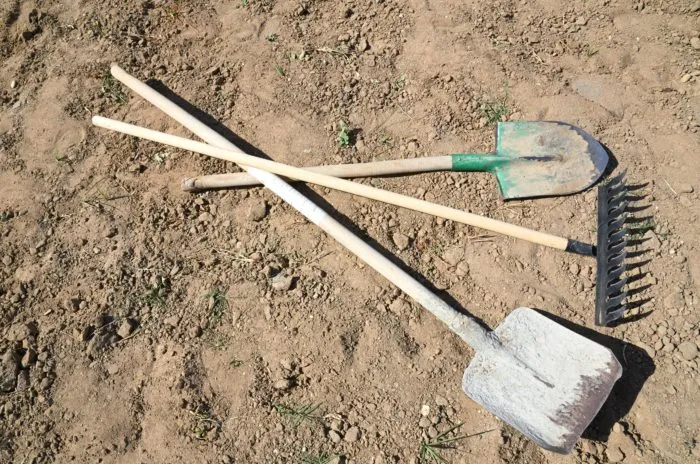 садовые инструменты на земле лопата грабли вилы