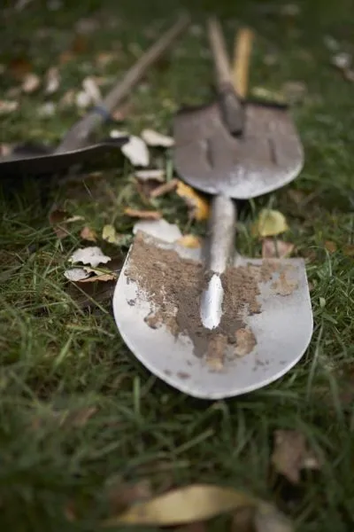 грязная садовая лопата