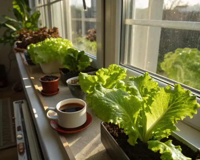 разные виды зелени на окне