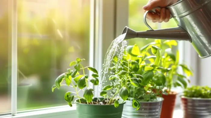 лейка поливает зелень на окне