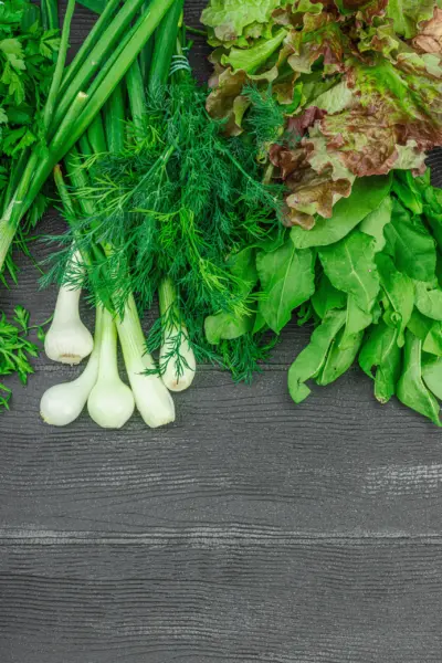 различная свежая зелень на столе